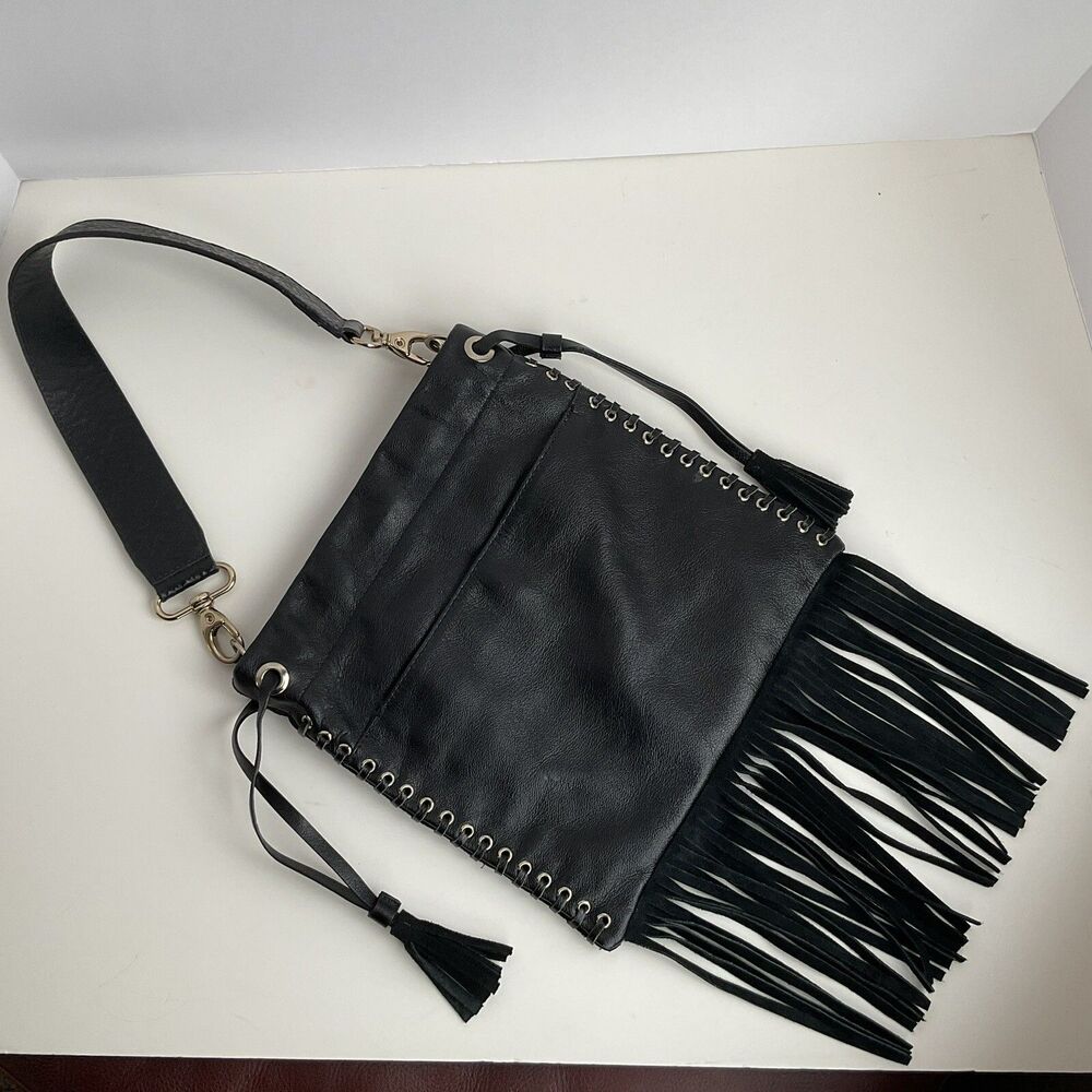 Arezzo Black Fringe Leather Bag Shoulder w Tassels Western Cowgirl Boho Chic